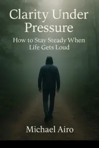 A lone figure walks steadily along a foggy forest trail, surrounded by tall trees and muted light. The title “Clarity Under Pressure” and subtitle “How to Stay Steady When Life Gets Loud” appear above in white serif font, with “Michael Airo” centered at the bottom. The image evokes calm, focus, and resilience under uncertainty.