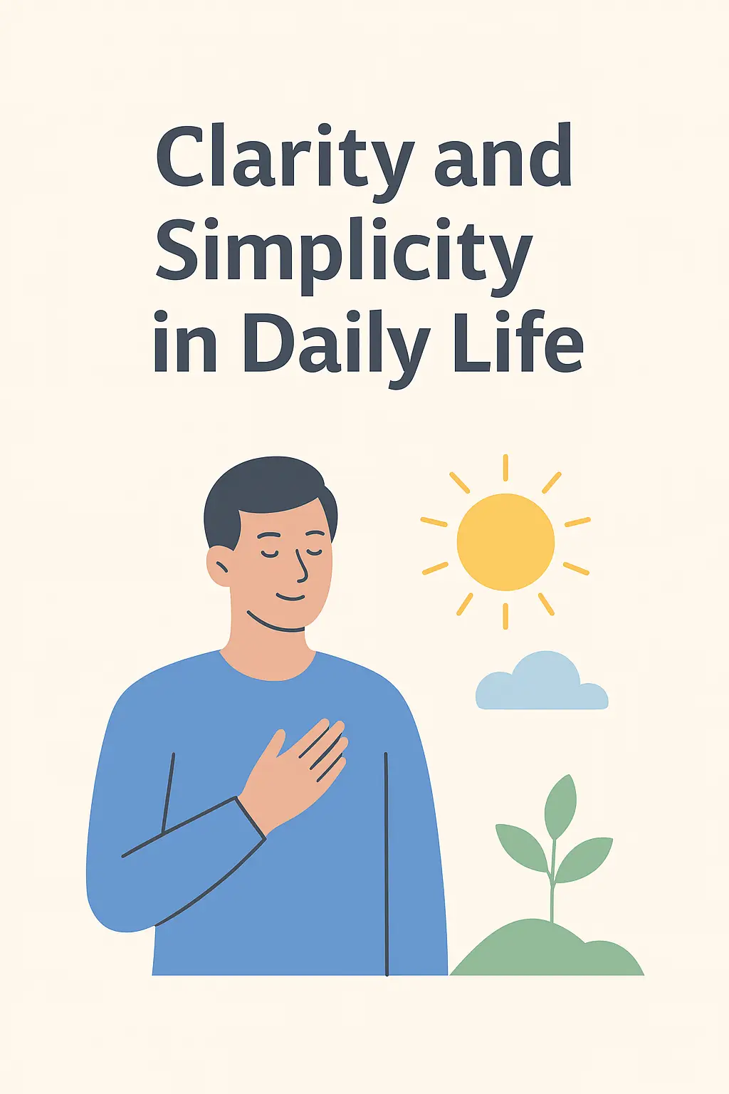 Flat design illustration showing a calm person with hand over chest, standing beside a sun, cloud, and plant. Headline reads “Clarity and Simplicity in Daily Life.” The background is light beige, evoking peace and minimalism.