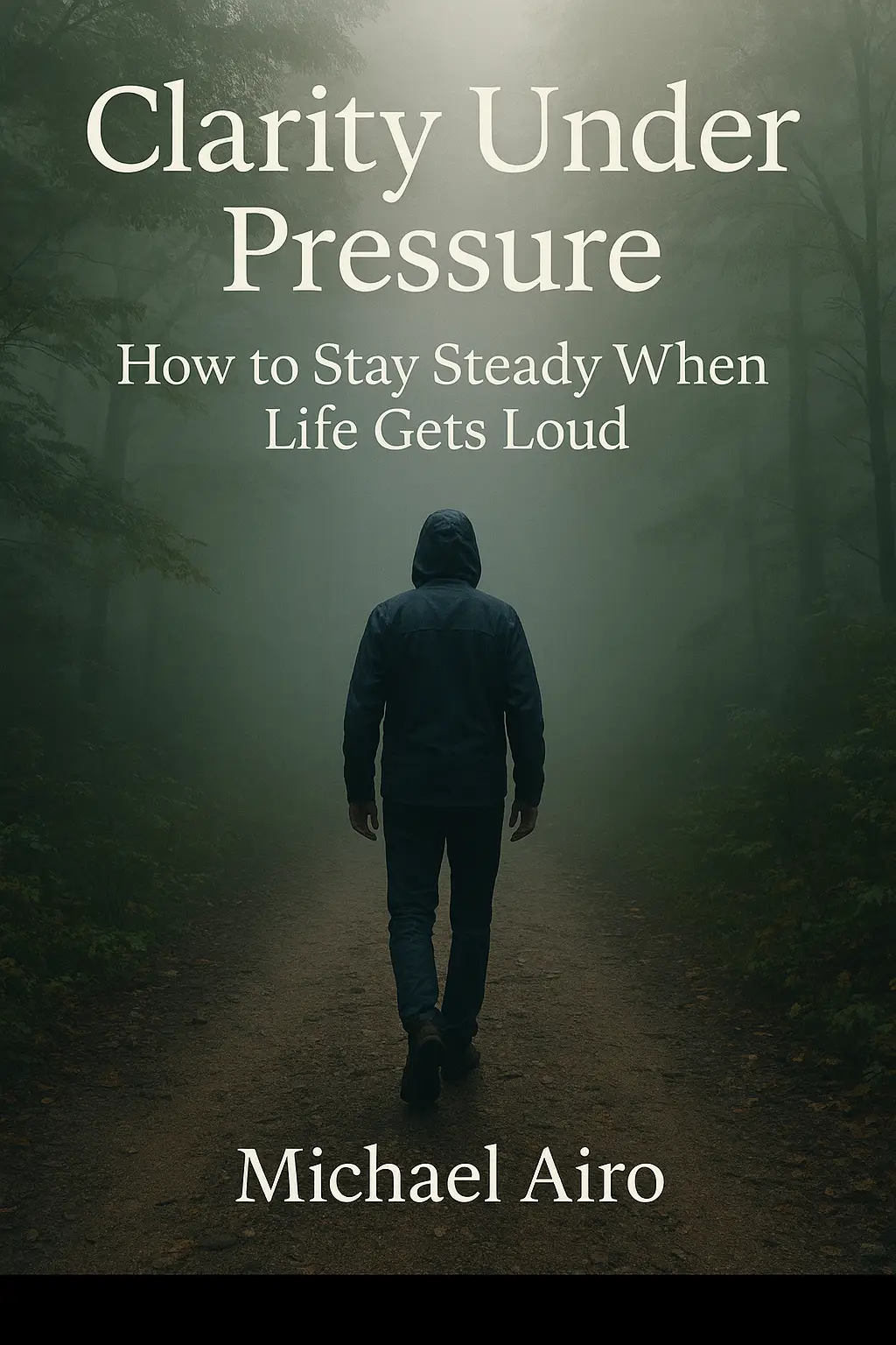 A lone figure walks steadily along a foggy forest trail, surrounded by tall trees and muted light. The title “Clarity Under Pressure” and subtitle “How to Stay Steady When Life Gets Loud” appear above in white serif font, with “Michael Airo” centered at the bottom. The image evokes calm, focus, and resilience under uncertainty.