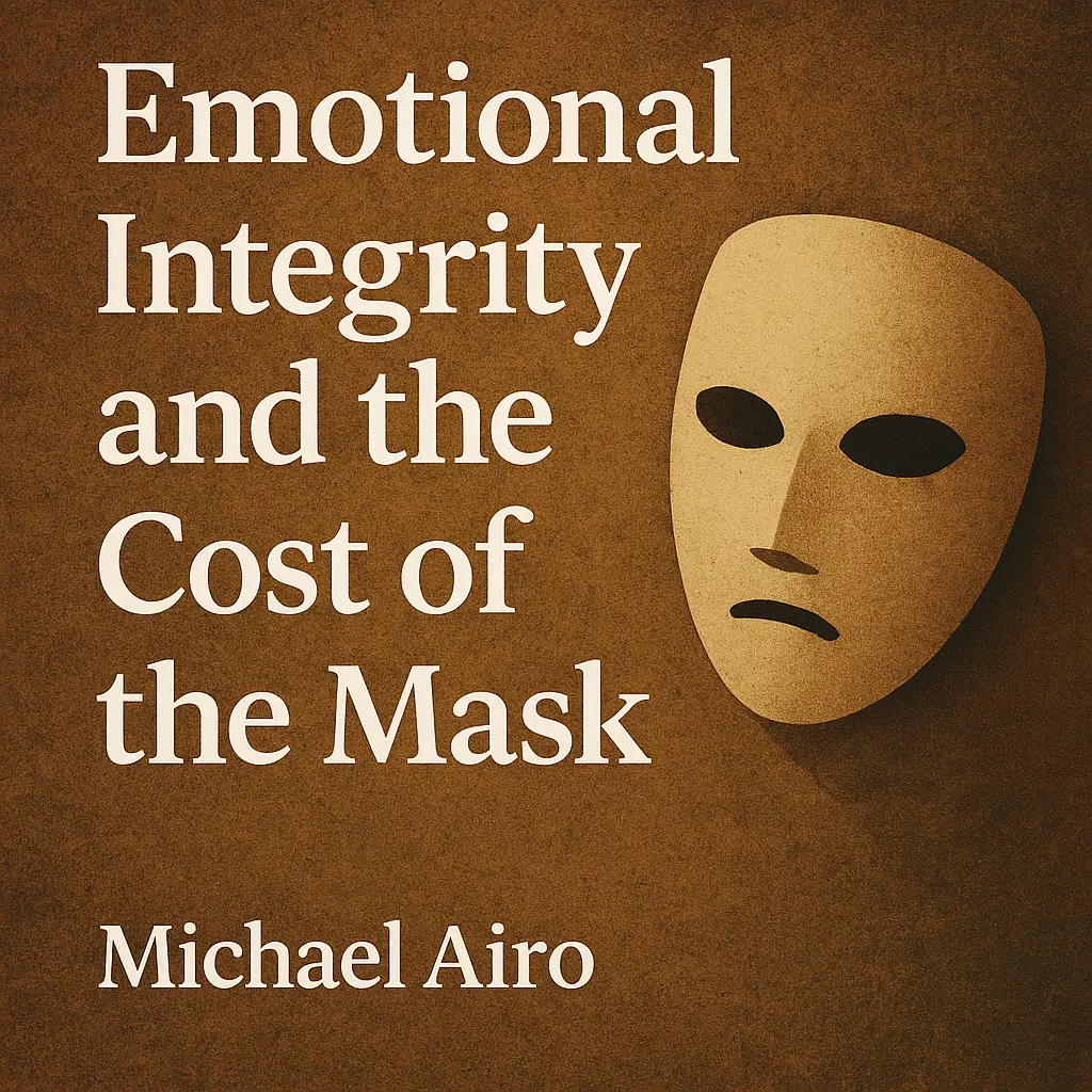 Minimalist featured image for “Emotional Integrity and the Cost of the Mask” by Michael Airo, showing a person gently removing a translucent mask under warm natural light, symbolizing emotional honesty and resilience.