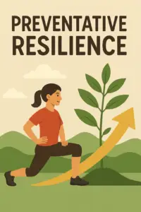 Illustration of a woman lunging beside a growing plant and upward arrow, symbolizing preventative resilience and steady growth.