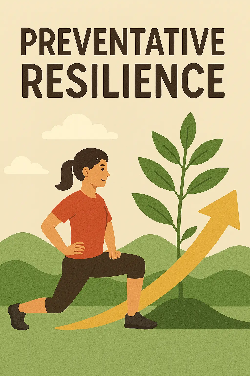 Illustration of a woman lunging beside a growing plant and upward arrow, symbolizing preventative resilience and steady growth.
