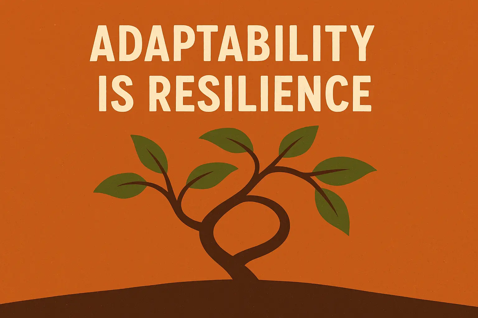 Illustration of a flexible tree with green leaves bending on a hill under the phrase “Adaptability Is Resilience” on a burnt-orange background.