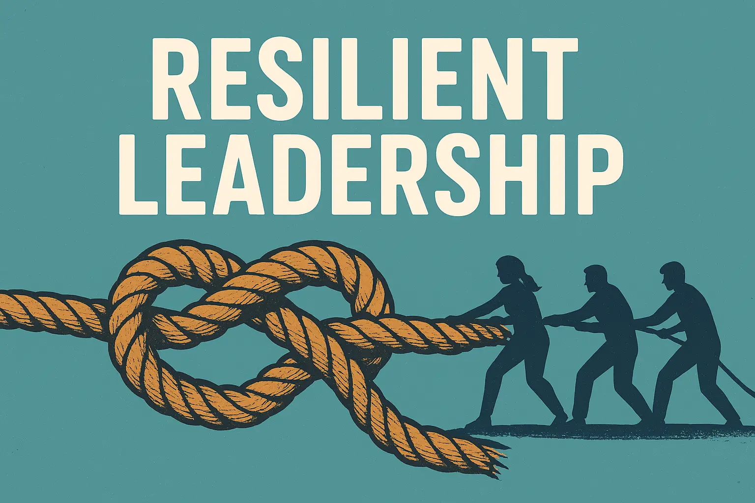 “Resilient Leadership” title above a braided rope knot with silhouetted figures pulling together, symbolizing teamwork and strength.