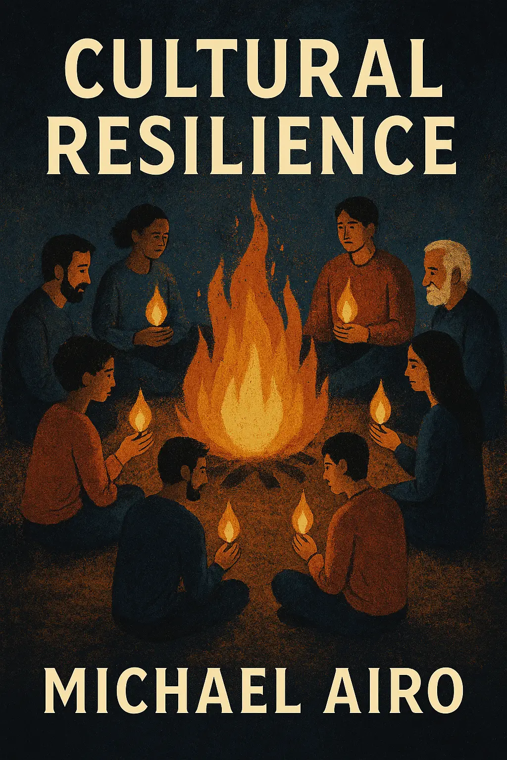 Cultural Resilience by Michael Airo. A diverse group of people sit in a circle around a fire at night. Each person holds a small flame in their hands. The scene suggests warmth, identity, and shared strength.