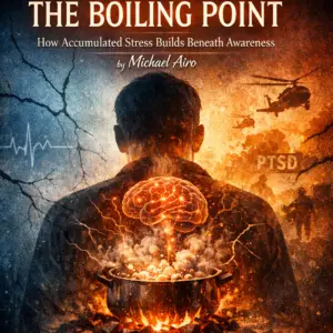 Illustration of boiling point stress building inside a silhouetted figure, with glowing brain and bubbling cauldron, used in Michael Airo’s Identity Series article on accumulated stress.