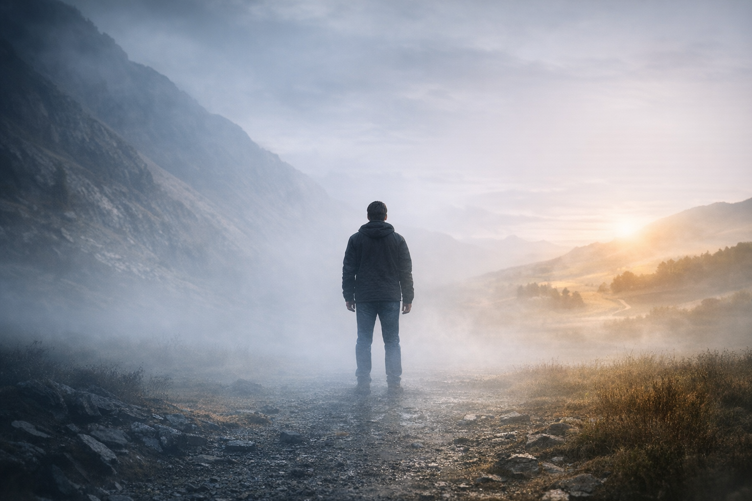 Solitary figure in the emotional middle—foggy terrain between rocky shadows and sunlit hills. Photo for Michael Airo’s identity series.