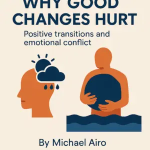 Flat infographic-style graphic showing emotional conflict during positive life transitions. Includes symbolic illustrations of a person holding a heavy stone in water and a head with sun and rain, with the title “Why Good Changes Hurt” and the byline “By Michael Airo.”