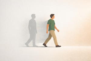 A person stepping forward out of a faded silhouette of their old self, symbolizing outgrowing an old identity.