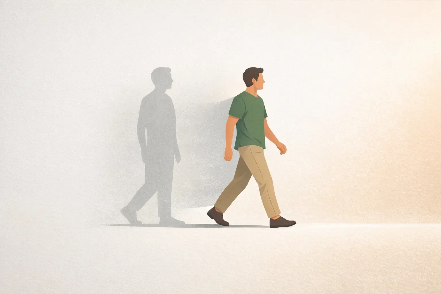 A person stepping forward out of a faded silhouette of their old self, symbolizing outgrowing an old identity.