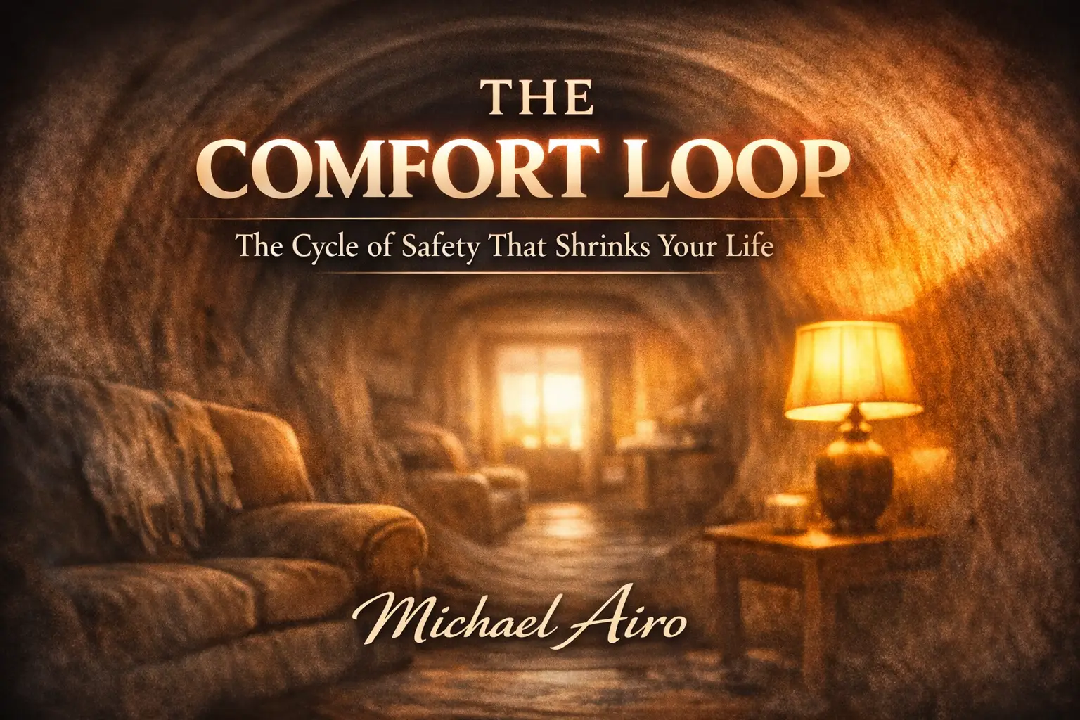 Featured image for The Comfort Loop by Michael Airo — warm living room scene symbolizing the cycle of safety that shrinks your life, with glowing title text and author name.