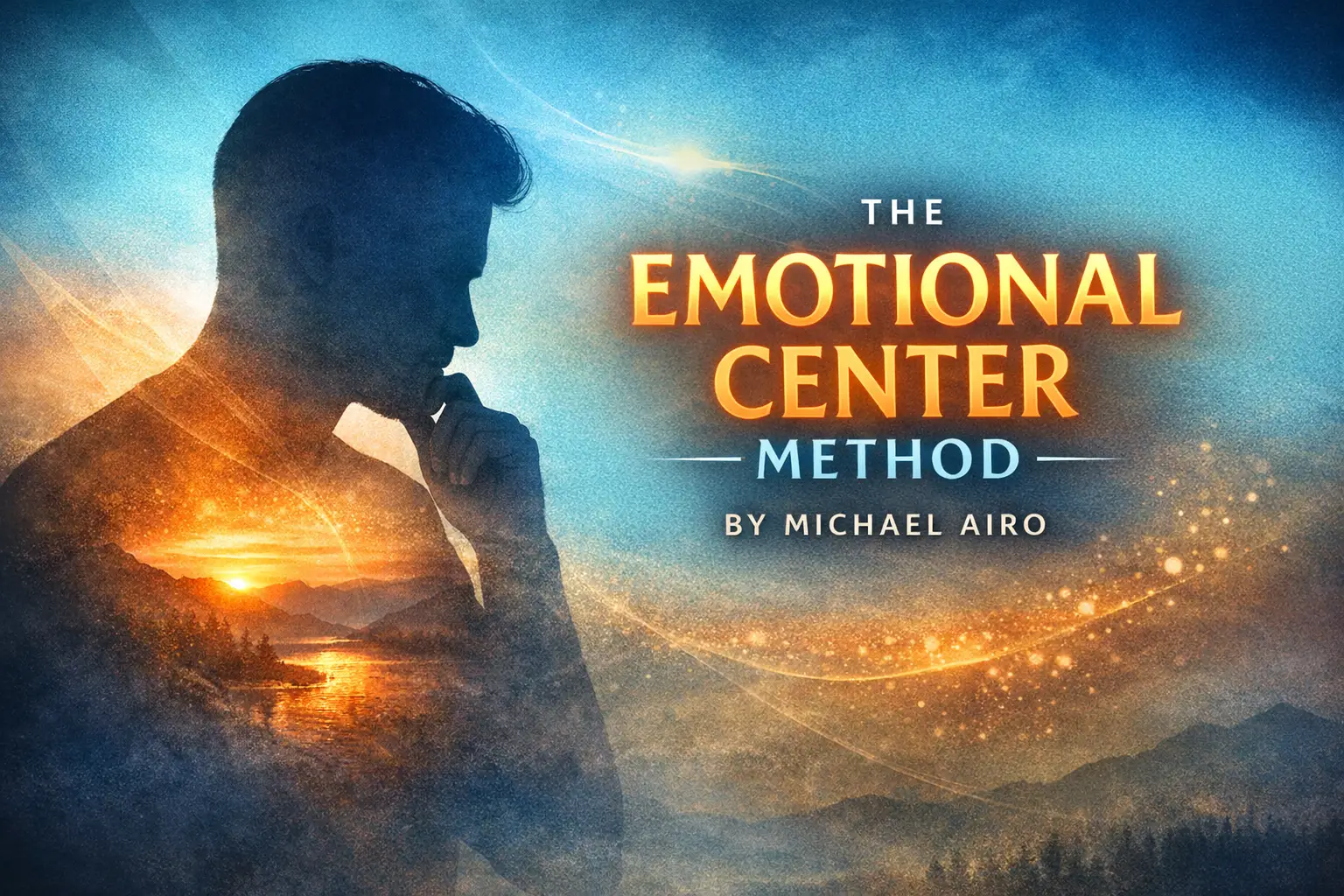 Promotional image for “The Emotional Center Method” by Michael Airo. A contemplative silhouette of a man in profile contains a glowing inner landscape of sunset and mountains, symbolizing emotional depth and identity transformation. The title text appears beside him in warm orange and cool blue tones.