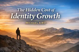 Featured image for The Hidden Cost of Identity Growth by Michael Airo. A silhouette stands on a mountain at sunrise, symbolizing personal transformation and emotional expansion.