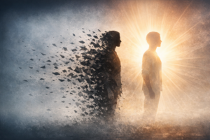 Silhouette transforming from shadow to light, symbolizing identity growth and becoming the new you — by Michael Airo