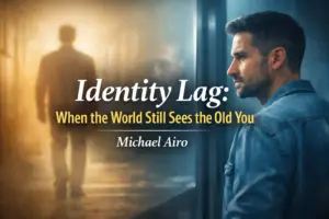 Featured image for Identity Lag: When the World Still Sees the Old You by Michael Airo. A man looks at his reflection in a mirror, symbolizing self‑perception and growth.