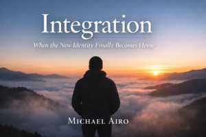 Silhouette of a person standing on a mountain ridge at sunrise, overlooking clouds and distant peaks. Text reads “Integration: When the New Identity Finally Becomes Home” and “Michael Airo.”