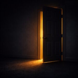 A door left slightly open in a dim room, warm light spilling through the gap, a threshold experience opening onto awe.
