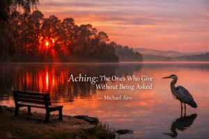 A still lake at dusk with a heron at the water's edge, the doorway of aching opening through moral beauty.