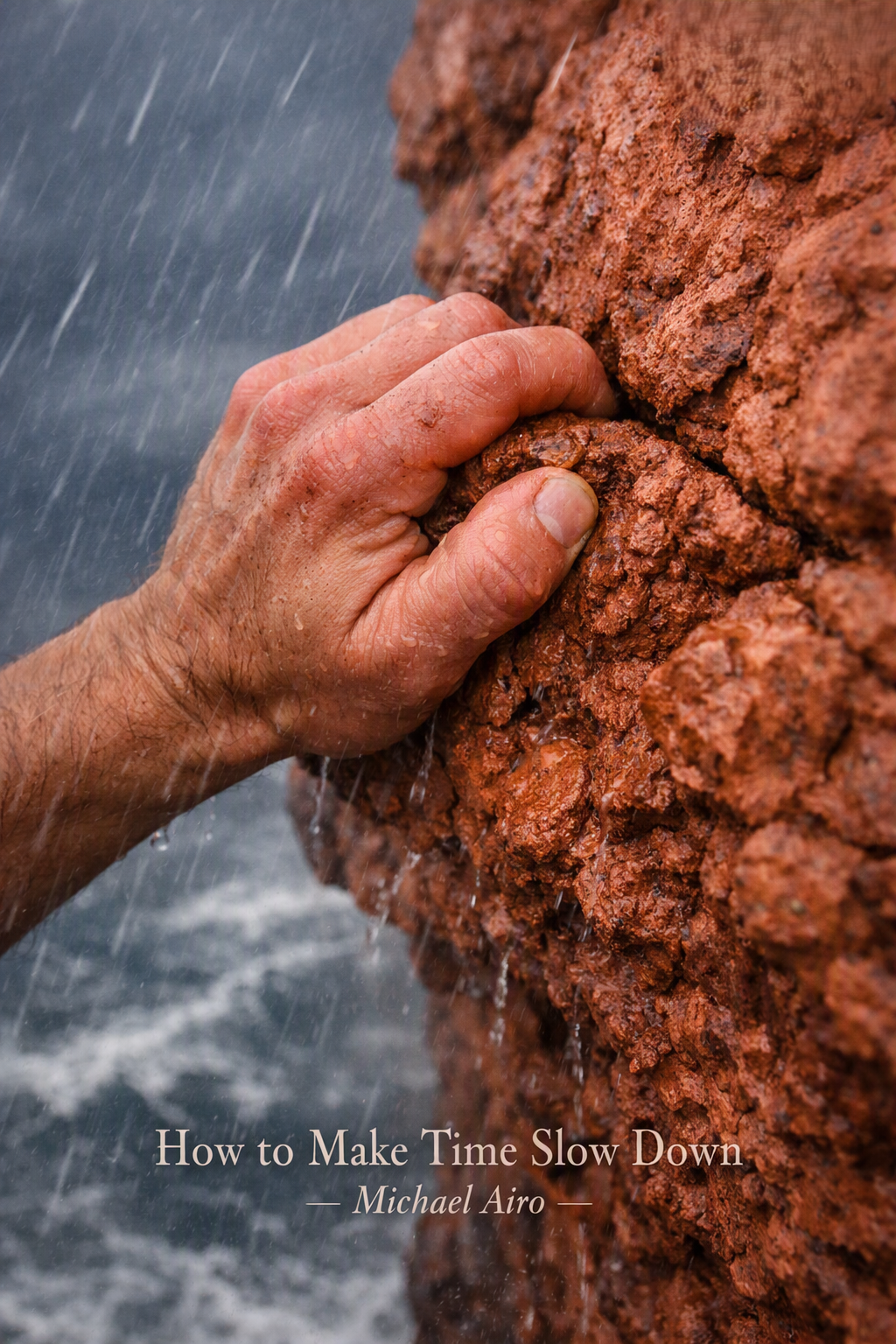 A climber's hand on a wet rock ledge in the rain above the ocean, the moment shows how to make time slow down.