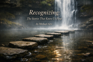 Stepping stones crossing a stream beneath a waterfall in mist, the crossing behind seeing yourself in a character.