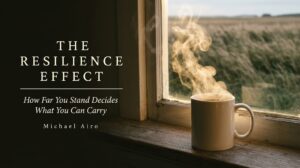 Steam rising from a mug of tea on a windowsill in early light, a field of tall grass blurred behind the window, beside the title The Resilience Effect and the author name Michael Airo.