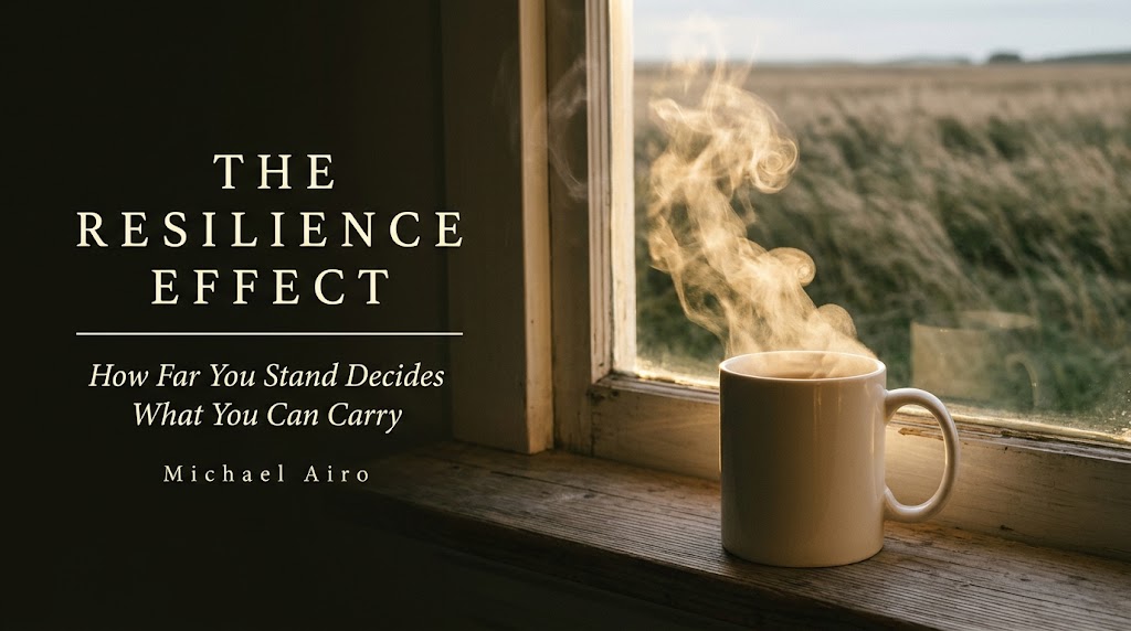 Steam rising from a mug of tea on a windowsill in early light, a field of tall grass blurred behind the window, beside the title The Resilience Effect and the author name Michael Airo.